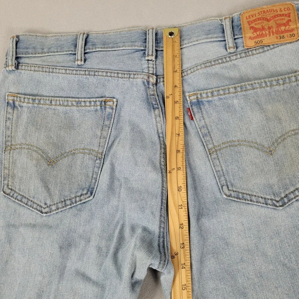 Levi 505 Jeans Mens Size 38x30 Blue Light Wash Straight Leg Distressed Stains